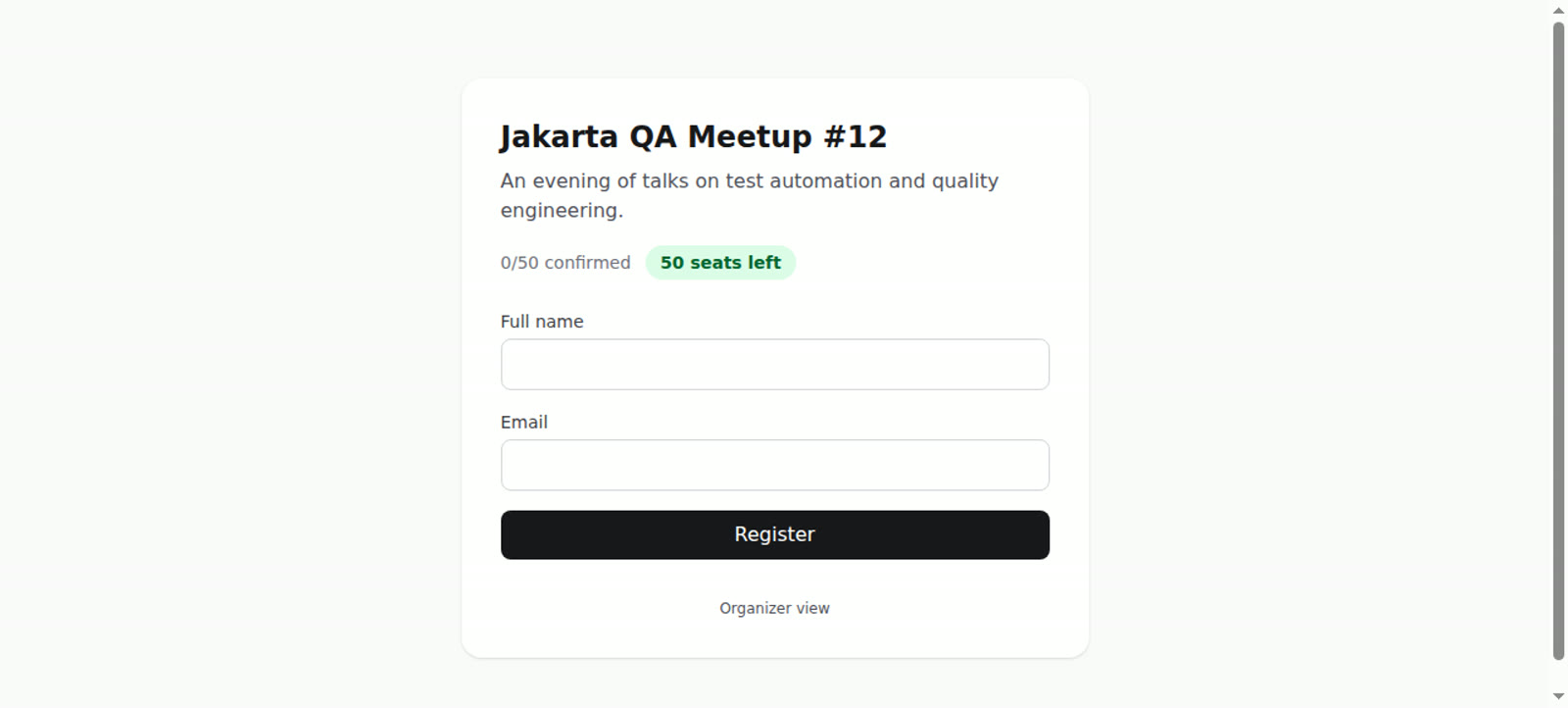 Screenshot of the event-rsvp registration form showing the Jakarta QA Meetup event, seat count, and the registration fields.