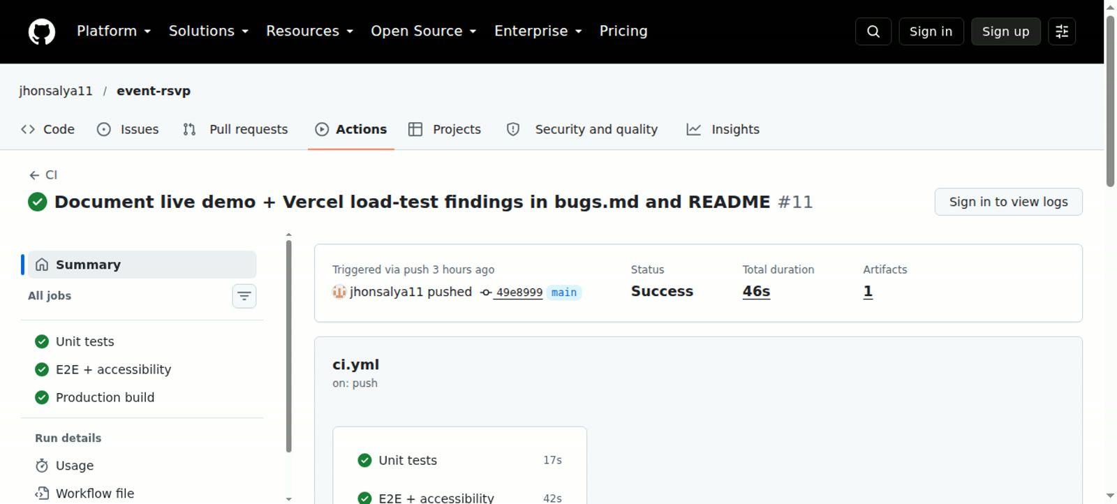 GitHub Actions CI run showing all 3 jobs passing: Unit tests, E2E + accessibility, and Production build.